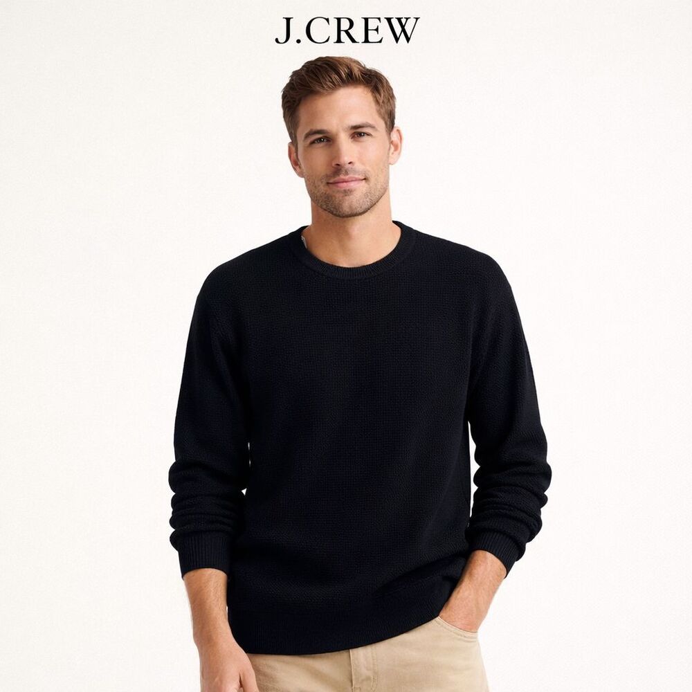Knit for J Crew Waffle Knit Crew Neck Mens Sz L Black Cotton Textured Pullover